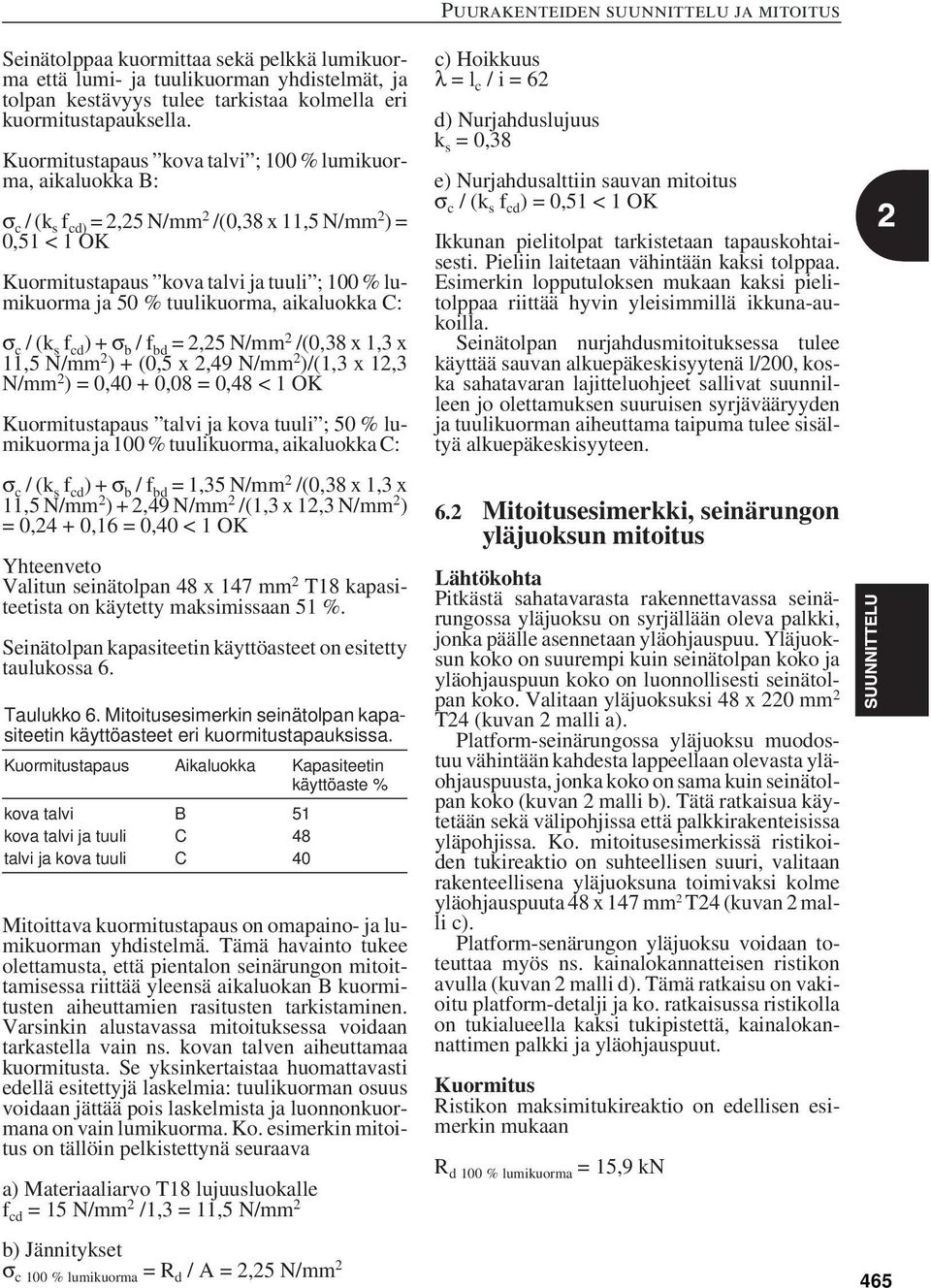 tuulikuorma, aikaluokka C: σ c /(k s f cd )+σ b /f bd = 2,25 N/mm 2 /(0,38 x 1,3 x 11,5 N/mm 2 ) + (0,5 x 2,49 N/mm 2 )/(1,3 x 12,3 N/mm 2 ) = 0,40 + 0,08 = 0,48 < 1 OK Kuormitustapaus talvi ja kova