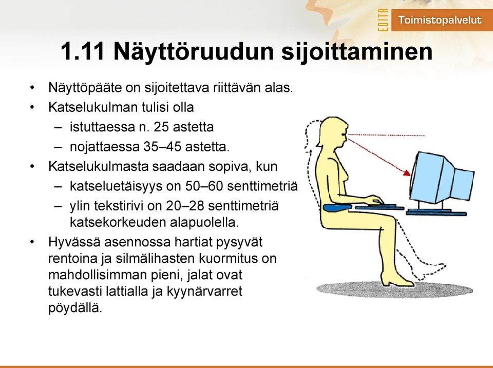 Katselukulmasta saadaan sopiva, kun katseluetäisyys on 50 60 senttimetriä ylin tekstirivi on 20 28 senttimetriä