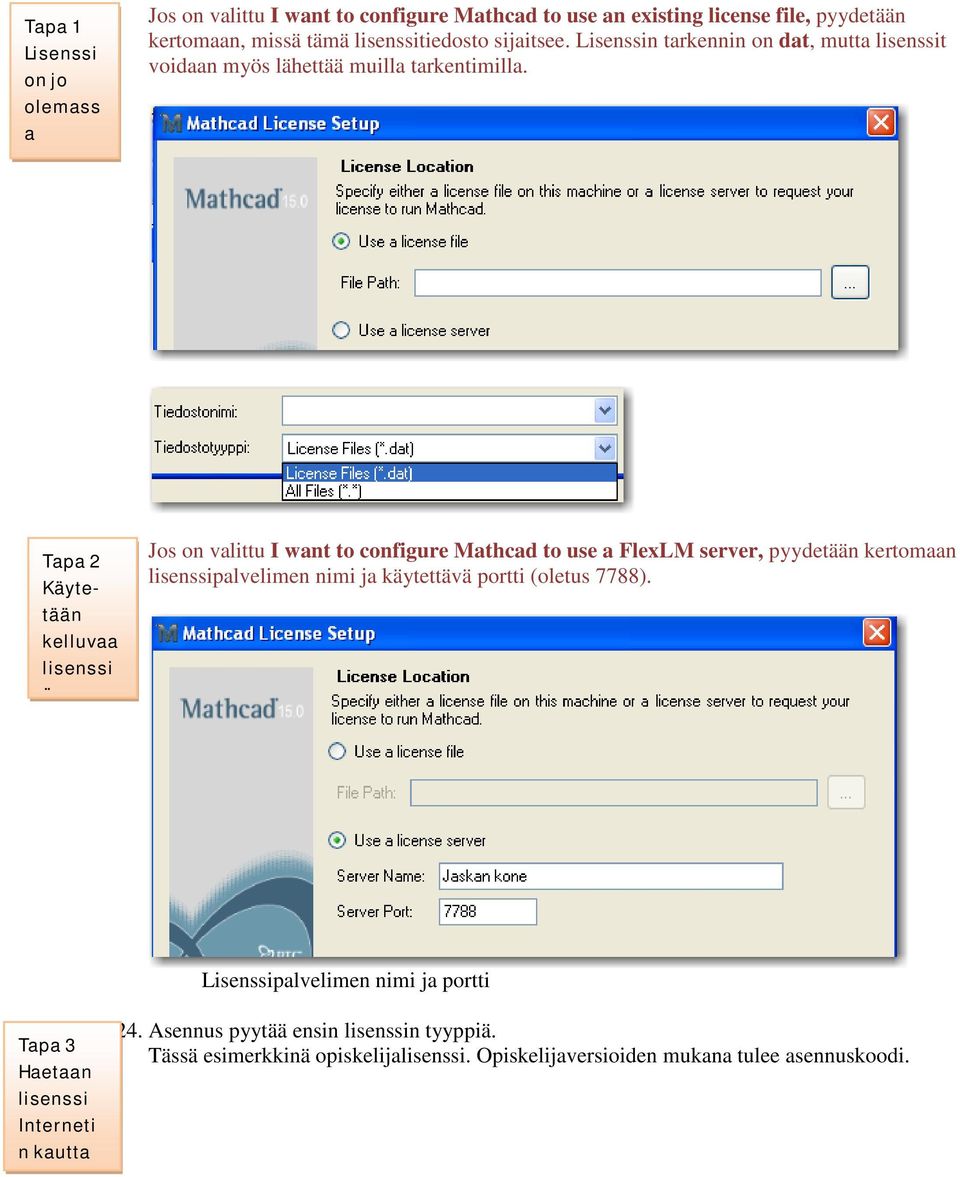 Tapa 2 Käytetään kelluvaa lisenssi ä Jos on valittu I want to configure Mathcad to use a FlexLM server, pyydetään kertomaan lisenssipalvelimen nimi ja käytettävä