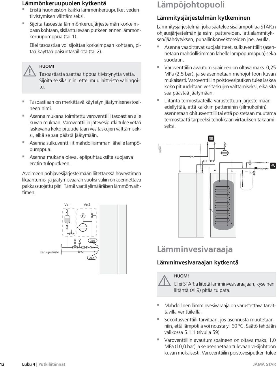 Ellei tasoastiaa voi sijoittaa korkeimpaan kohtaan, pitää käyttää paisuntasäiliötä (tai 2). HUOM! Tasoastiasta saattaa tippua tiivistynyttä vettä.