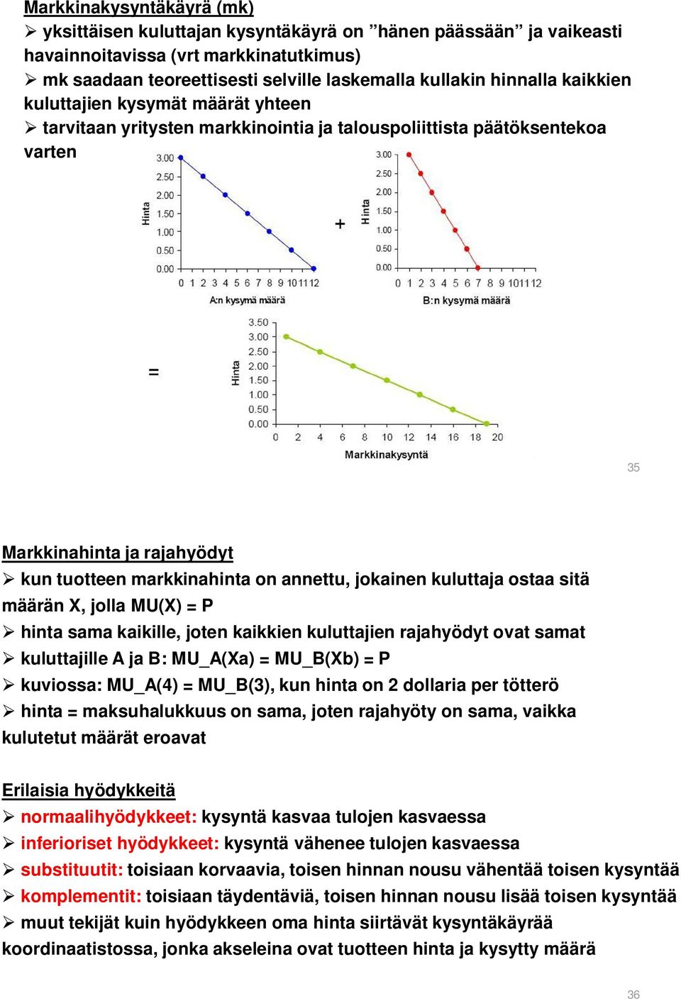 kuluttaja ostaa sitä määrän X, jolla MU(X) = P hinta sama kaikille, joten kaikkien kuluttajien rajahyödyt ovat samat kuluttajille A ja B: MU_A(Xa) = MU_B(Xb) = P kuviossa: MU_A(4) = MU_B(3), kun