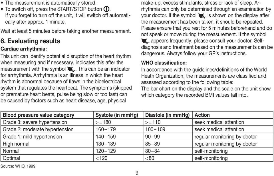 Evaluating results Cardiac arrhythmia: This unit can identify potential disruption of the heart rhythm when measuring and if necessary, indicates this after the measurement with the symbol.