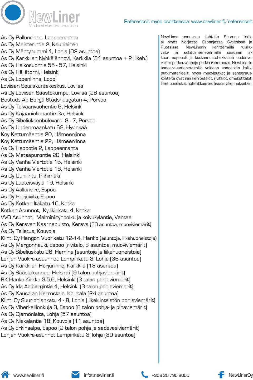 ) As Oy Haikosuontie 55-57, Helsinki As Oy Hällätorni, Helsinki As Oy Lopenlinna, Loppi Loviisan Seurakuntakeskus, Loviisa As Oy Loviisan Säästökumpu, Loviisa (28 asuntoa) Bostads Ab Borgå