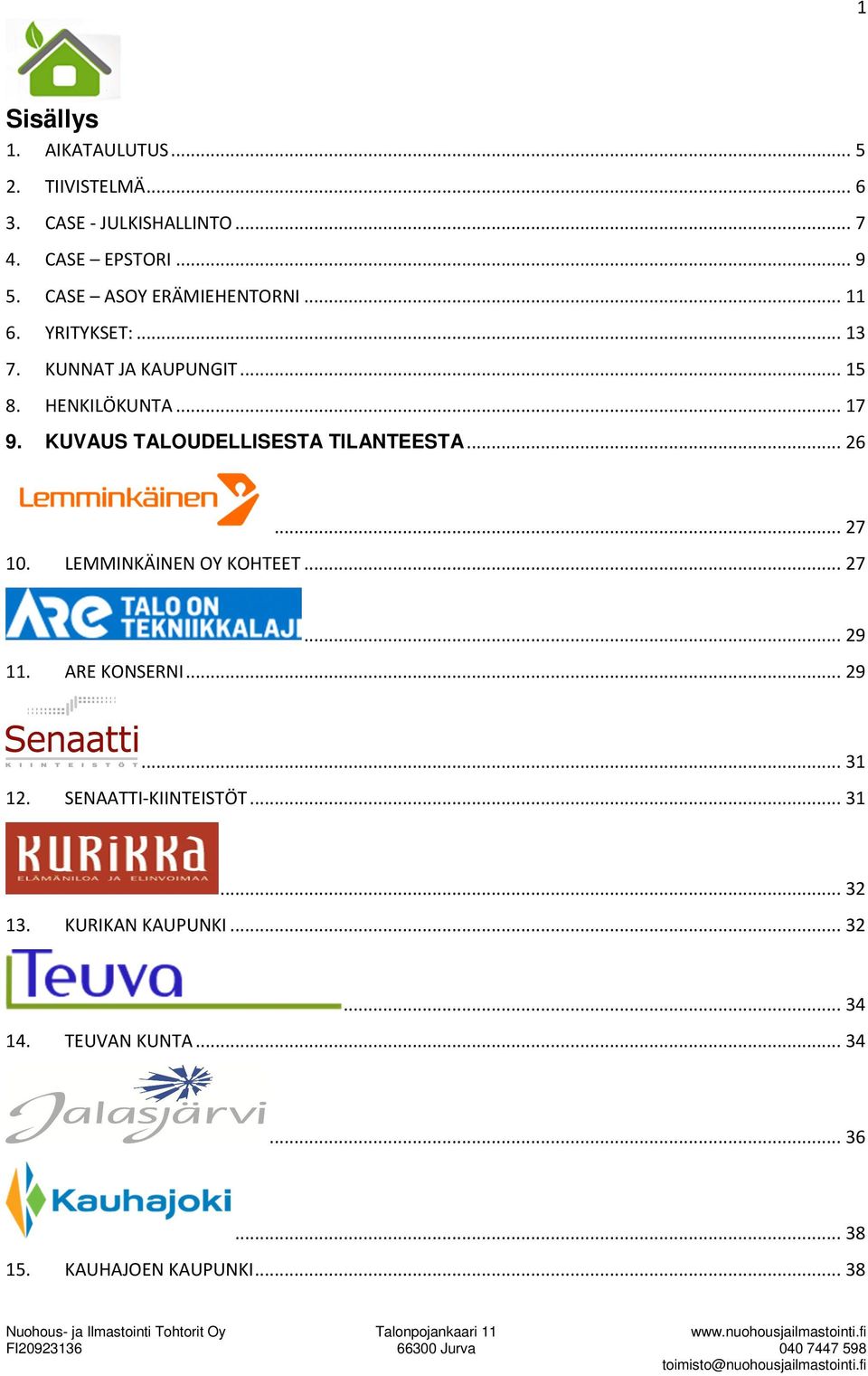 KUVAUS TALOUDELLISESTA TILANTEESTA... 26... 27 10. LEMMINKÄINEN OY KOHTEET... 27... 29 11. ARE KONSERNI... 29... 31 12.