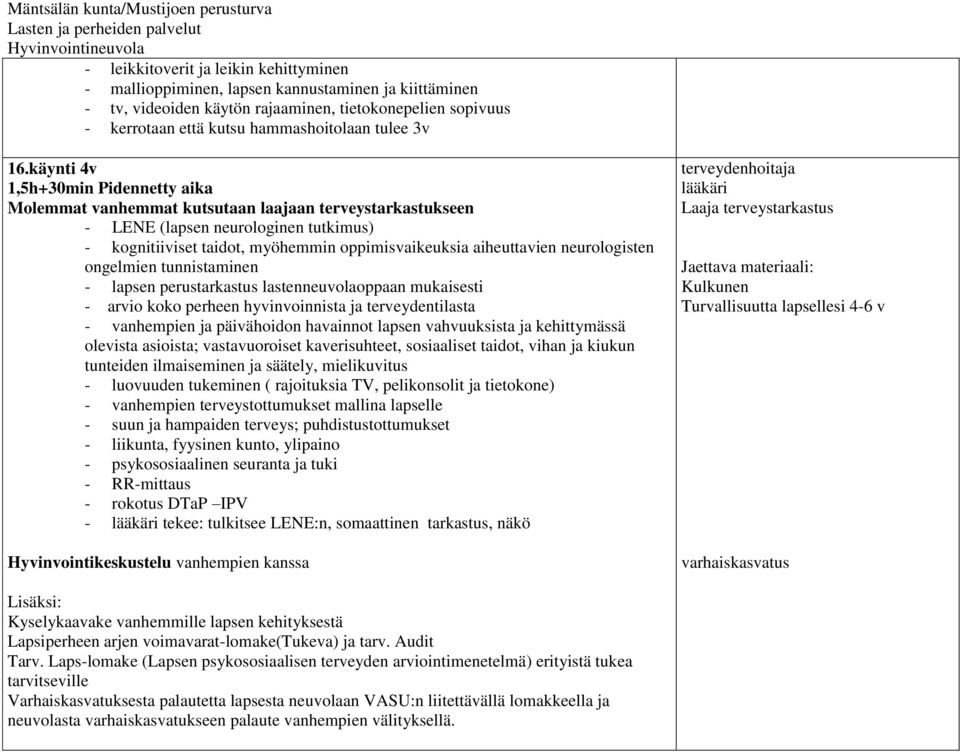 käynti 4v 1,5h+30min Pidennetty aika Molemmat vanhemmat kutsutaan laajaan terveystarkastukseen - LENE (lapsen neurologinen tutkimus) - kognitiiviset taidot, myöhemmin oppimisvaikeuksia aiheuttavien