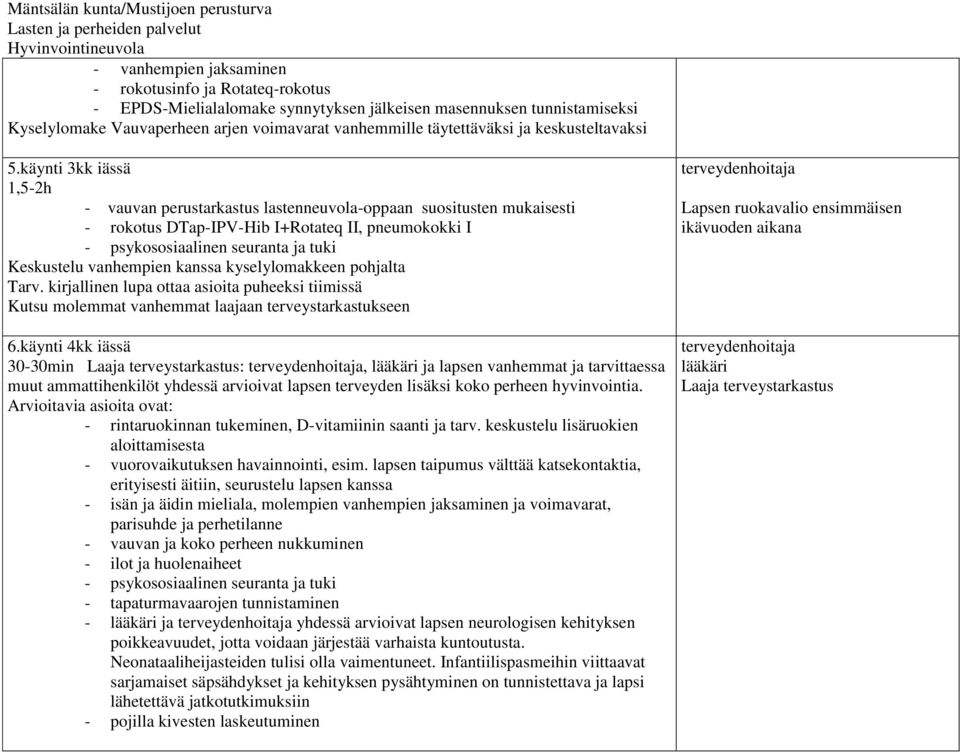 käynti 3kk iässä 1,5-2h - vauvan perustarkastus lastenneuvola-oppaan suositusten mukaisesti - rokotus DTap-IPV-Hib I+Rotateq II, pneumokokki I Keskustelu vanhempien kanssa kyselylomakkeen pohjalta