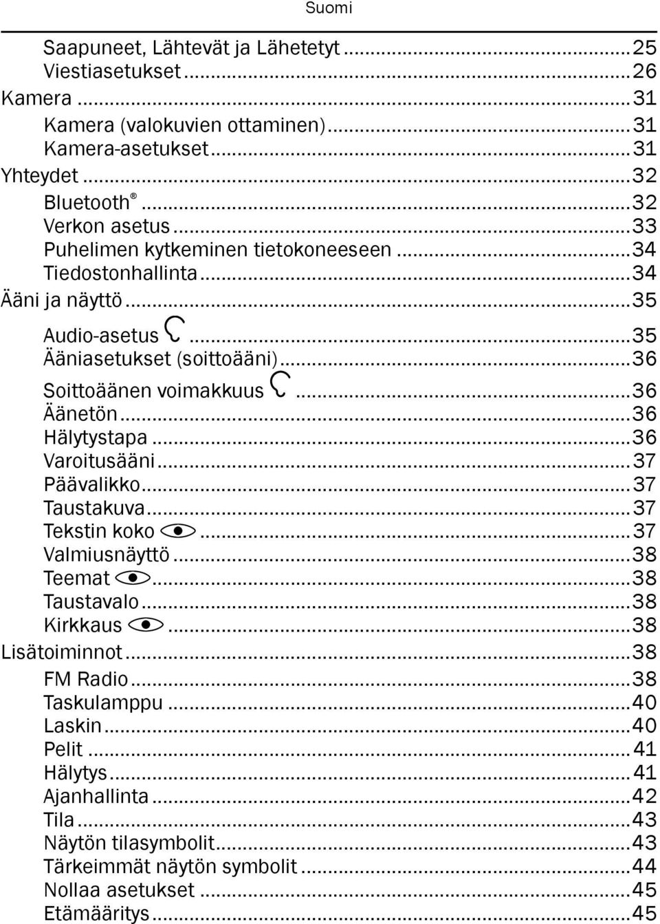 ..36 Hälytystapa...36 Varoitusääni...37 Päävalikko...37 Taustakuva...37 Tekstin koko...37 Valmiusnäyttö...38 Teemat...38 Taustavalo...38 Kirkkaus...38 Lisätoiminnot...38 FM Radio.