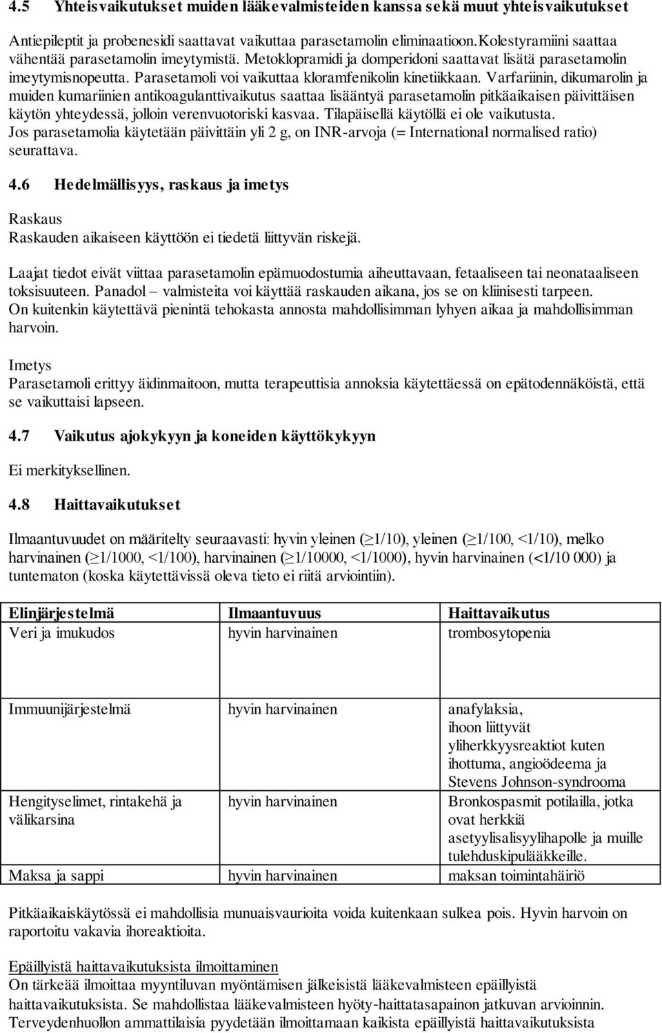 Varfariinin, dikumarolin ja muiden kumariinien antikoagulanttivaikutus saattaa lisääntyä parasetamolin pitkäaikaisen päivittäisen käytön yhteydessä, jolloin verenvuotoriski kasvaa.