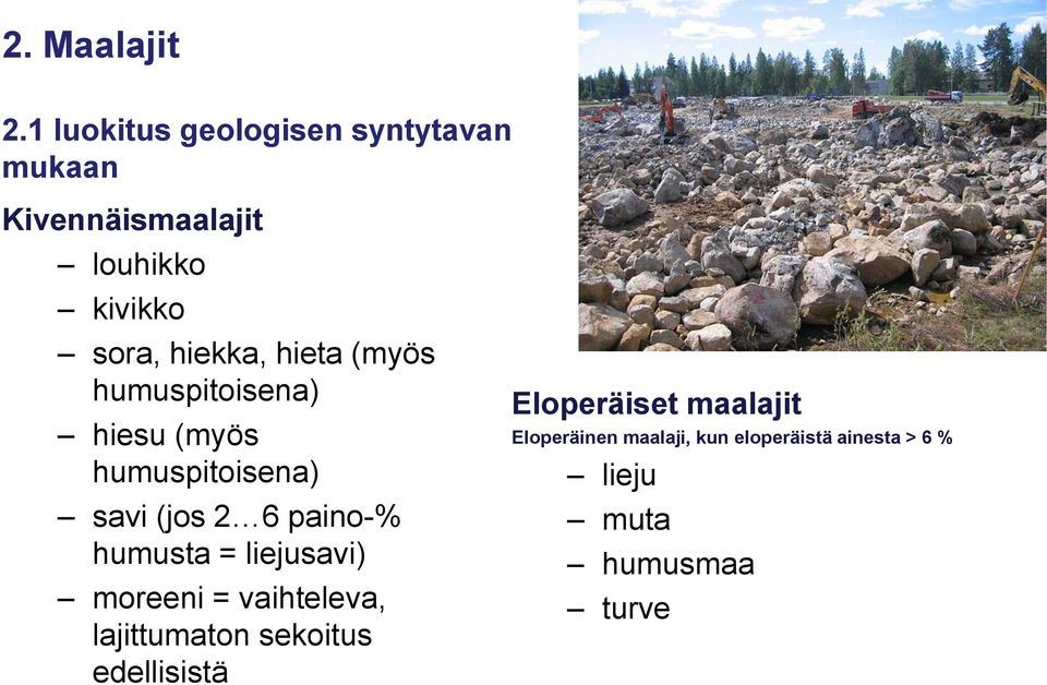 hieta (myös humuspitoisena) hiesu (myös humuspitoisena) savi (jos 2 6 paino-% humusta =