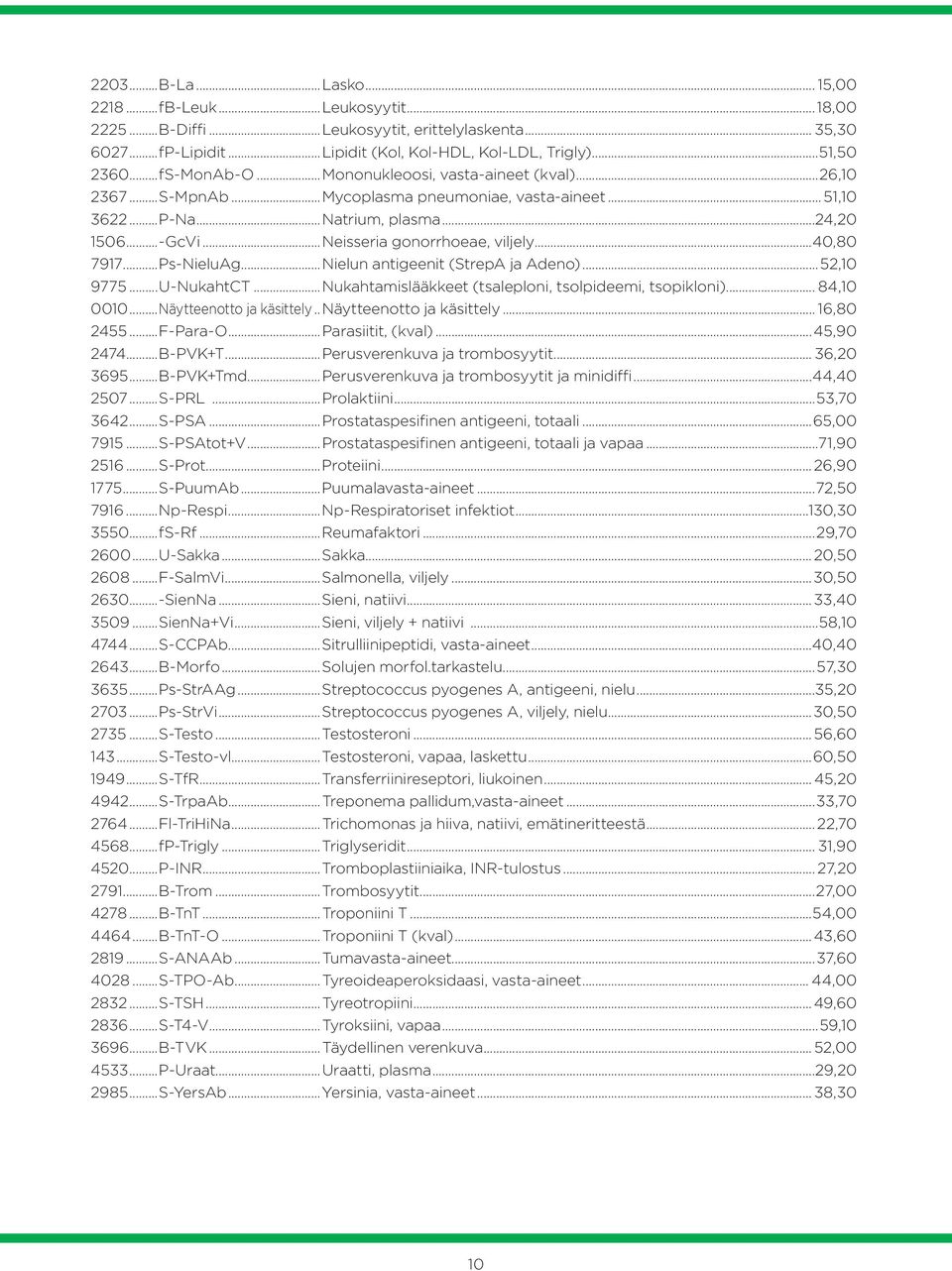 ..Neisseria gonorrhoeae, viljely...40,80 7917...Ps-NieluAg...Nielun antigeenit (StrepA ja Adeno)...52,10 9775...U-NukahtCT...Nukahtamislääkkeet (tsaleploni, tsolpideemi, tsopikloni)... 84,10 0010.