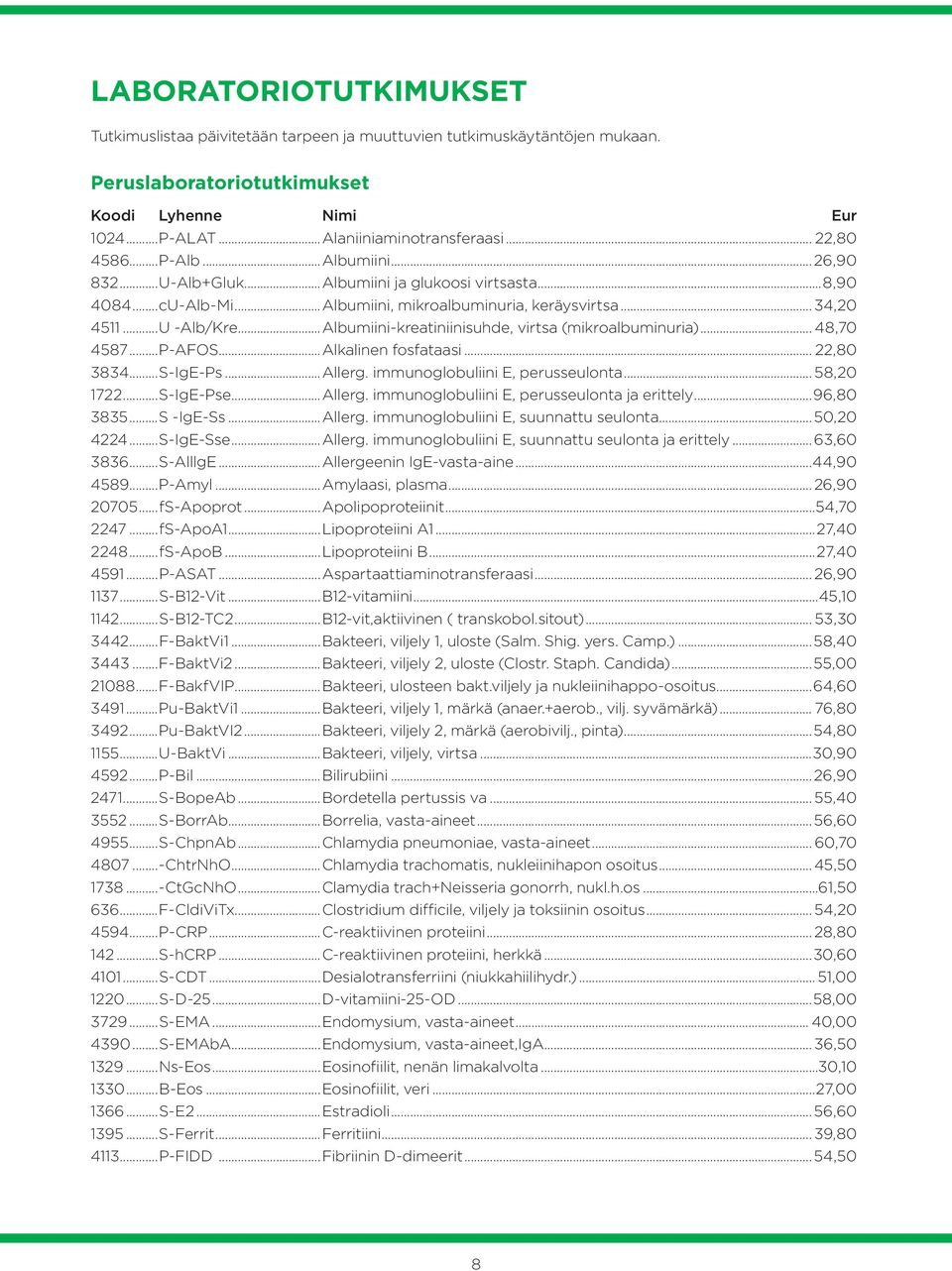 ..Albumiini-kreatiniinisuhde, virtsa (mikroalbuminuria)... 48,70 4587...P-AFOS...Alkalinen fosfataasi... 22,80 3834...S-IgE-Ps...Allerg. immunoglobuliini E, perusseulonta... 58,20 1722...S-IgE-Pse.