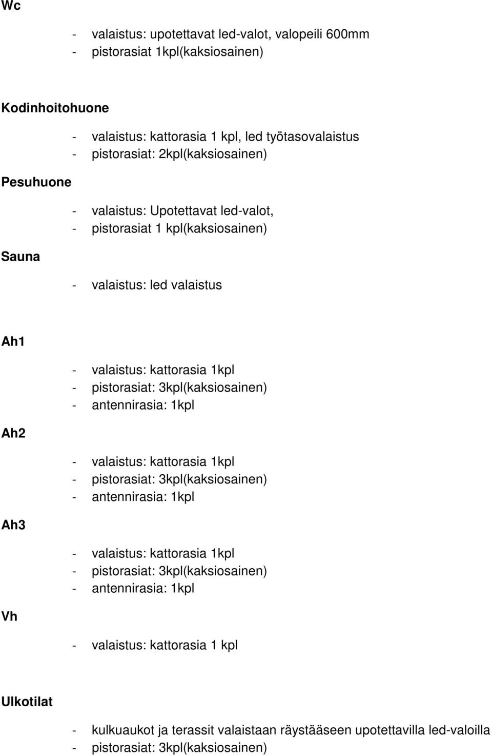 pistorasiat: 3kpl(kaksiosainen) - antennirasia: 1kpl - valaistus: kattorasia 1kpl - pistorasiat: 3kpl(kaksiosainen) - antennirasia: 1kpl - valaistus: kattorasia 1kpl -