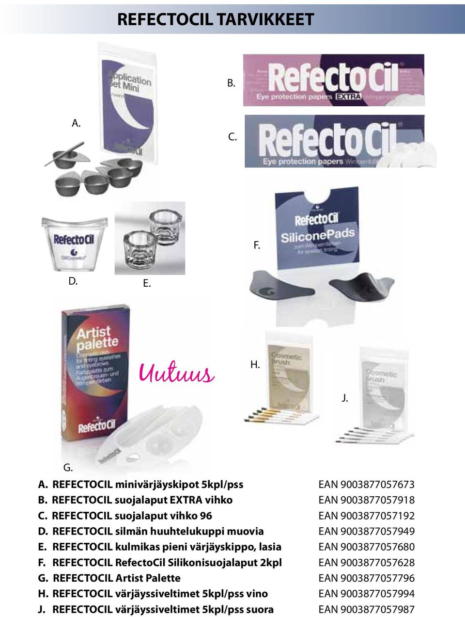 REFECTOCIL silmän huuhtelukuppi muovia EAN 9003877057949 E. REFECTOCIL kulmikas pieni värjäyskippo, lasia EAN 9003877057680 F.