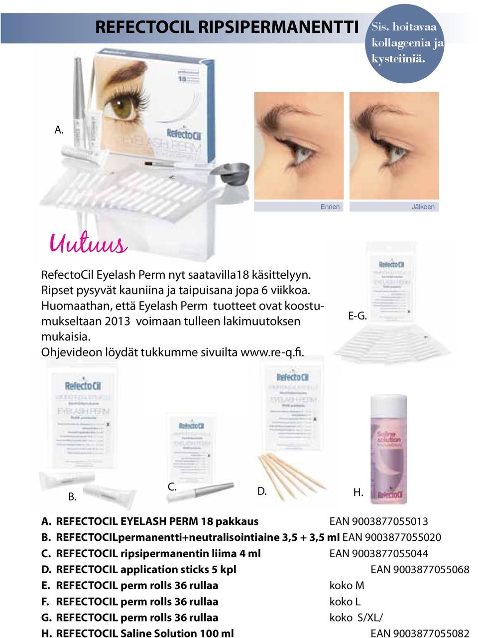 REFECTOCIL EYELASH PERM 18 pakkaus EAN 9003877055013 B. REFECTOCILpermanentti+neutralisointiaine 3,5 + 3,5 ml EAN 9003877055020 C. REFECTOCIL ripsipermanentin liima 4 ml EAN 9003877055044 D.