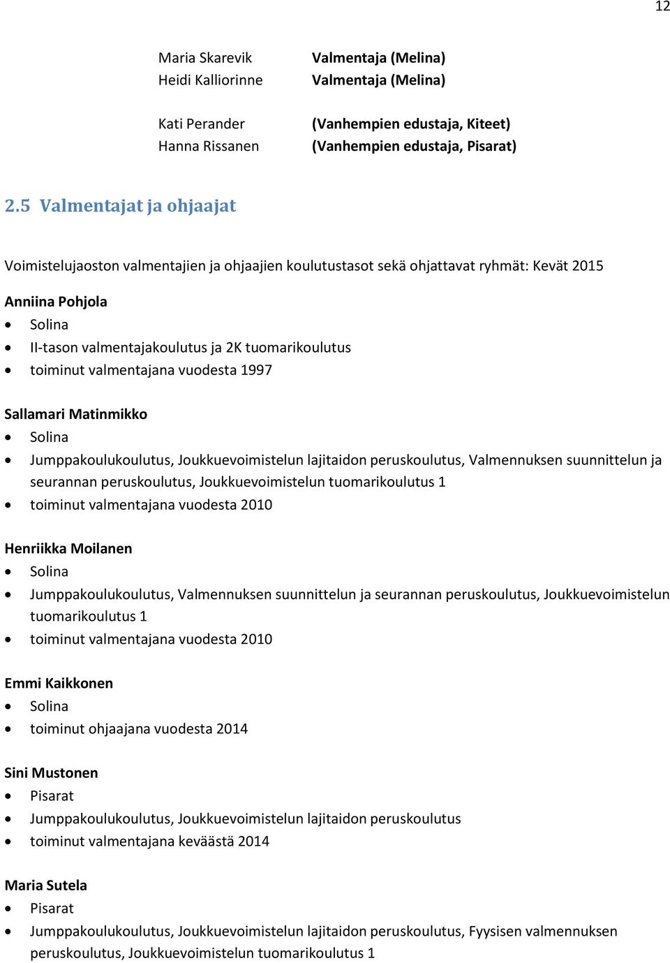 toiminut valmentajana vuodesta 1997 Sallamari Matinmikko Solina Jumppakoulukoulutus, Joukkuevoimistelun lajitaidon peruskoulutus, Valmennuksen suunnittelun ja seurannan peruskoulutus,