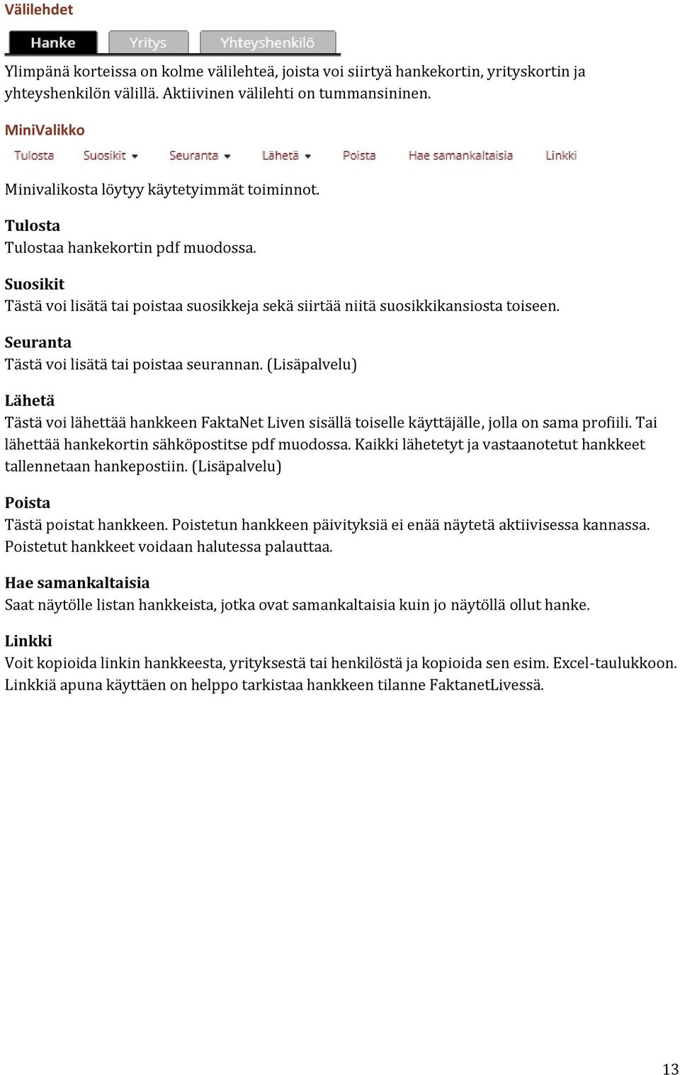 Seuranta Tästä voi lisätä tai poistaa seurannan. (Lisäpalvelu) Lähetä Tästä voi lähettää hankkeen FaktaNet Liven sisällä toiselle käyttäjälle, jolla on sama profiili.