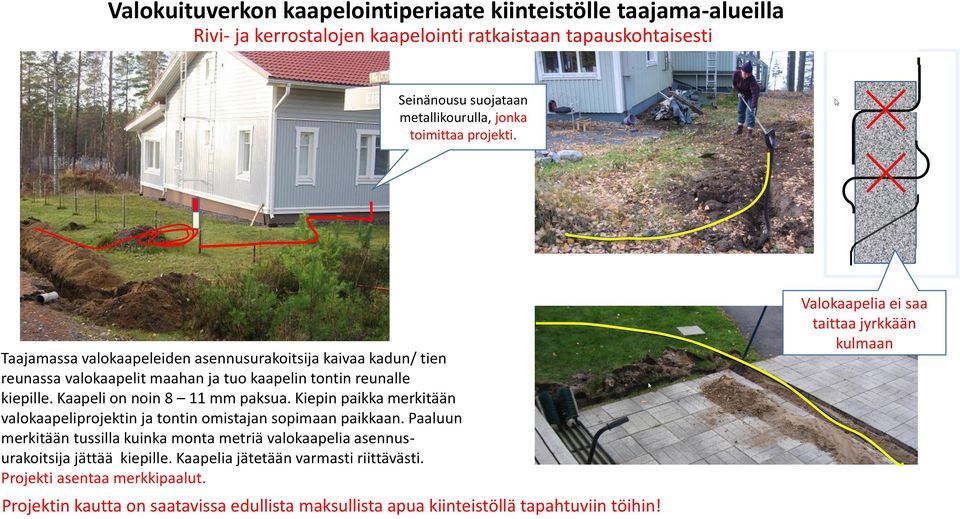 Kiepin paikka merkitään valokaapeliprojektin ja tontin omistajan sopimaan paikkaan. Paaluun merkitään tussilla kuinka monta metriä valokaapelia asennusurakoitsija jättää kiepille.