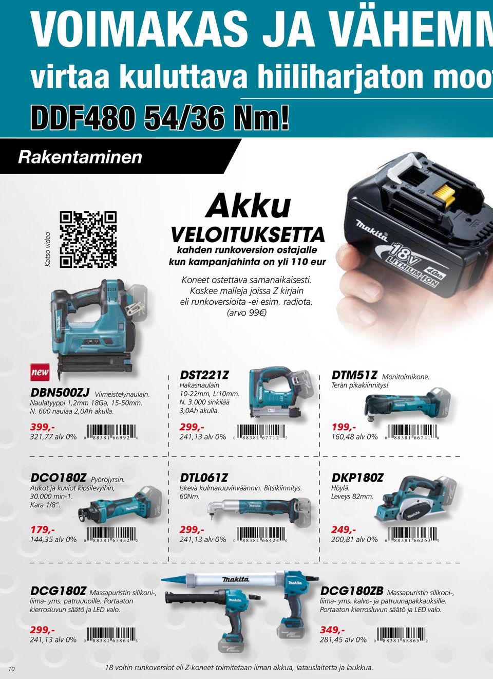 Koskee malleja joissa Z kirjain eli runkoversioita -ei esim. radiota. (arvo 99 ) DBN500ZJ Viimeistelynaulain. Naulatyyppi 1,2mm 18Ga, 15-50mm. N. 600 naulaa 2,0Ah akulla.