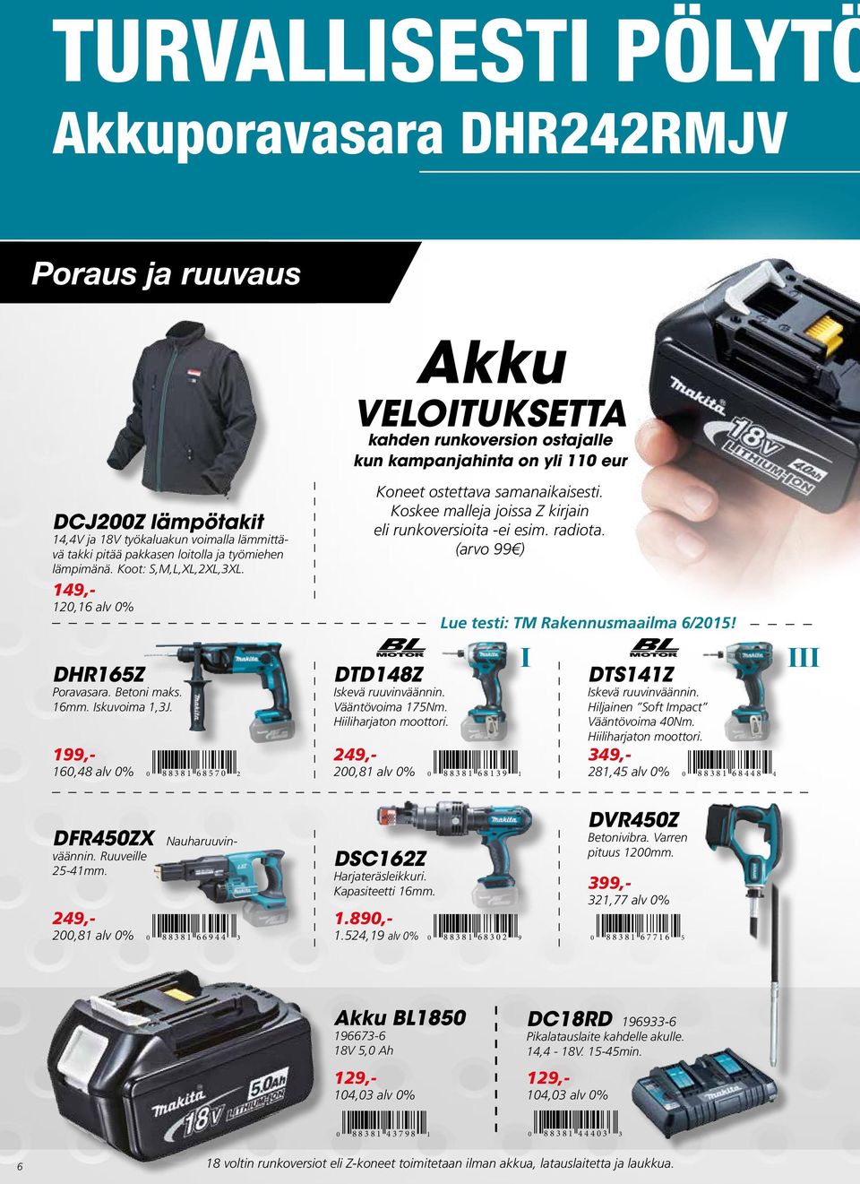 199,- 160,48 alv 0% 0 88381 68570 2 Akku VELOITUKSETTA kahden runkoversion ostajalle kun kampanjahinta on yli 110 eur Koneet ostettava samanaikaisesti.