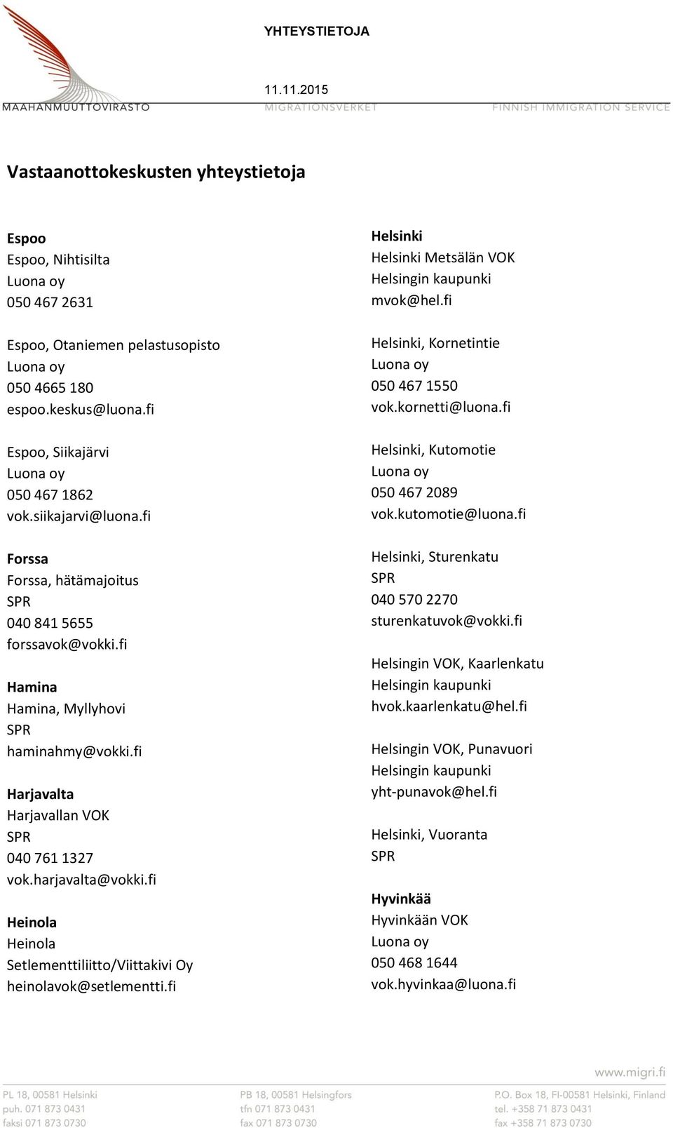 fi Heinola Heinola Setlementtiliitto/Viittakivi Oy heinolavok@setlementti.fi Helsinki Helsinki Metsälän VOK Helsingin kaupunki mvok@hel.fi Helsinki, Kornetintie 050 467 1550 vok.kornetti@luona.