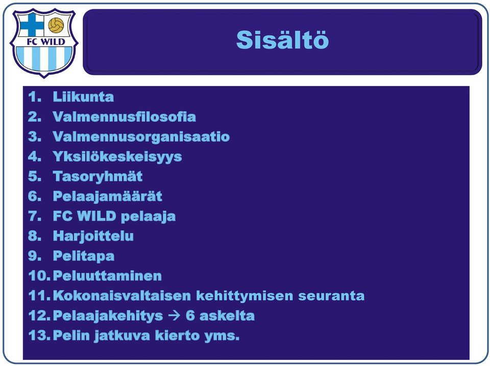 Harjoittelu 9. Pelitapa 10. Peluuttaminen 11.