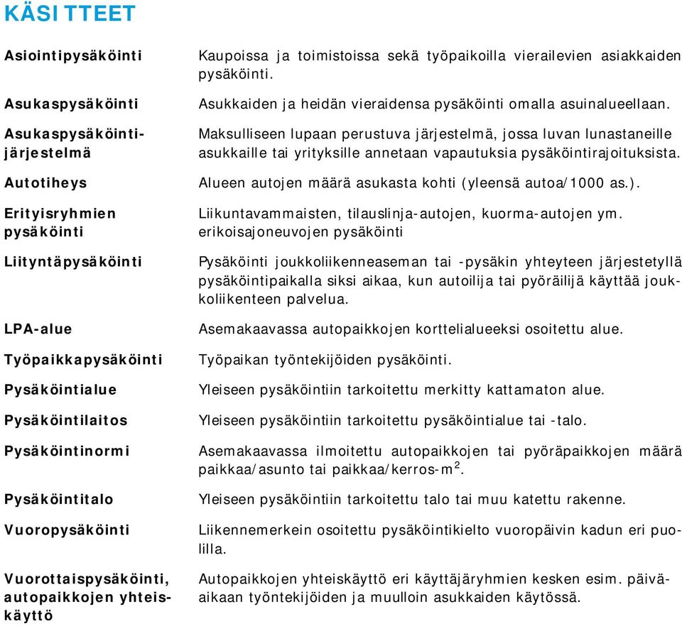 Asukkaiden ja heidän vieraidensa pysäköinti omalla asuinalueellaan.