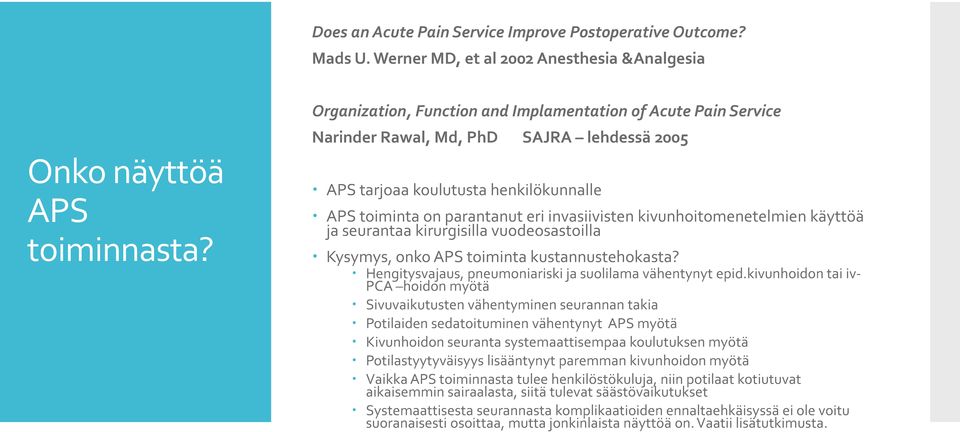 kivunhoitomenetelmien käyttöä ja seurantaa kirurgisilla vuodeosastoilla Kysymys, onko APS toiminta kustannustehokasta? Hengitysvajaus, pneumoniariski ja suolilama vähentynyt epid.