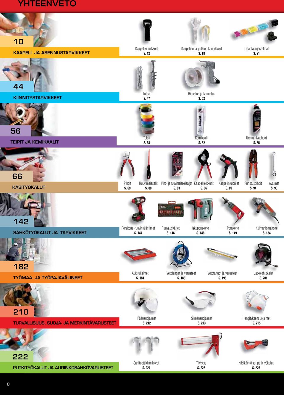 86 Kaapelinkuorijat S. 89 Puristuspihdit S. 94 Avaimet S. 98 142 SÄHKÖTYÖKALUT JA -TARVIKKEET Porakone-ruuvinvääntimet S. 144 Ruuvauskärjet S. 146 Iskuporakone S. 148 Porakone S. 149 Kulmahiomakone S.