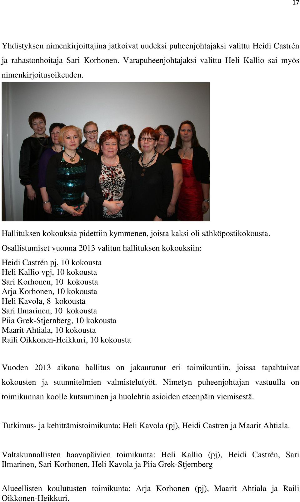 Osallistumiset vuonna 2013 valitun hallituksen kokouksiin: Heidi Castrén pj, 10 kokousta Heli Kallio vpj, 10 kokousta Sari Korhonen, 10 kokousta Arja Korhonen, 10 kokousta Heli Kavola, 8 kokousta