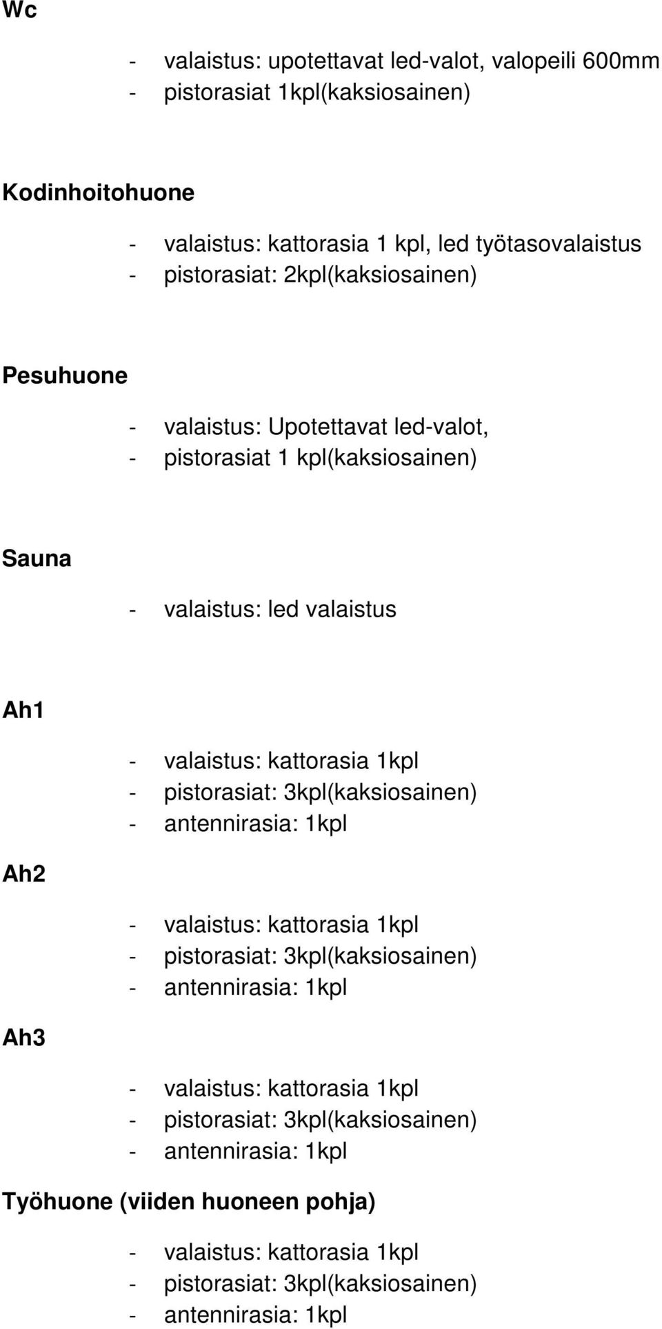 Sauna - valaistus: led valaistus Ah1 Ah2 Ah3 - valaistus: kattorasia 1kpl - antennirasia: 1kpl - valaistus: kattorasia 1kpl -