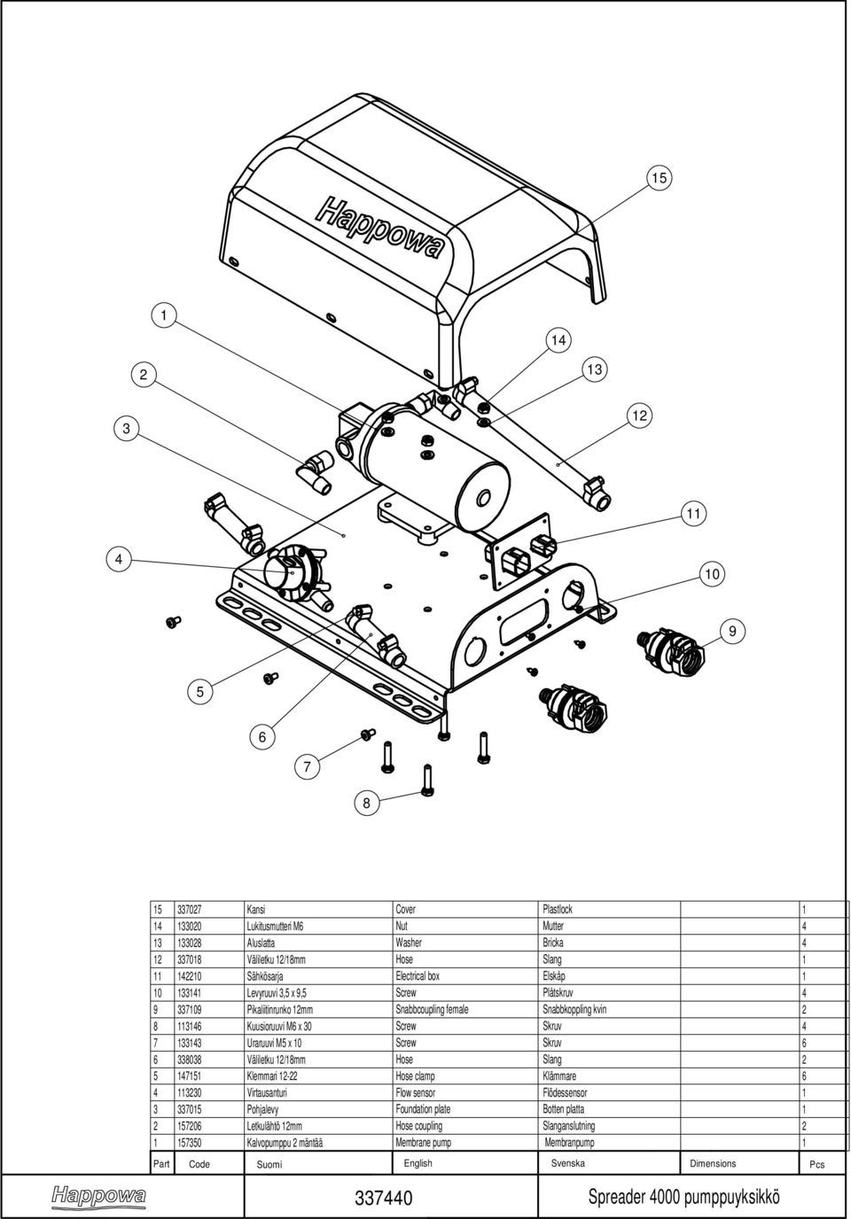 Screw Skruv 6 6 338038 Väliletku /8mm Hose Slang 5 75 Klemmari - Hose clamp Klämmare 6 330 Virtausanturi Flow sensor Flödessensor 3 33705 Pohjalevy Foundation plate Botten