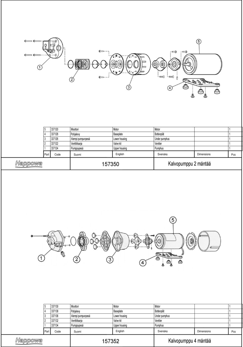 mäntää Pcs 5 33730 Moottori Motor Motor 33738 Pohjalevy Baseplate Bottenplåt 3 33736 Alempi pumpunpesä Lower housing Under pumphus