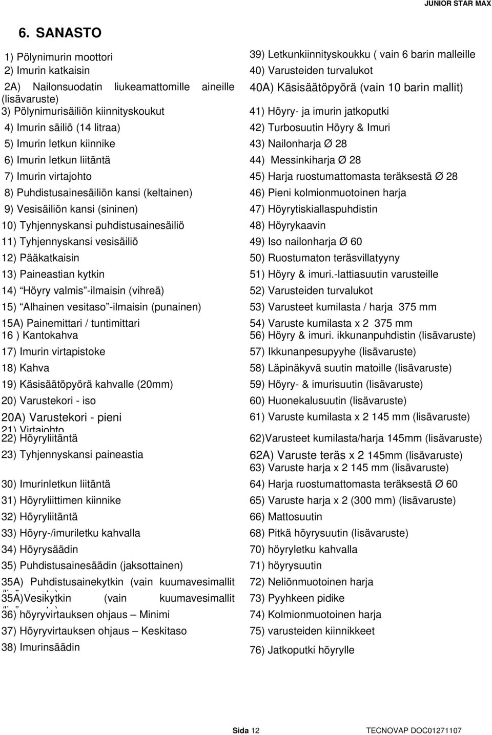 Nailonharja Ø 28 6) Imurin letkun liitäntä 44) Messinkiharja Ø 28 7) Imurin virtajohto 45) Harja ruostumattomasta teräksestä Ø 28 8) Puhdistusainesäiliön kansi (keltainen) 46) Pieni kolmionmuotoinen