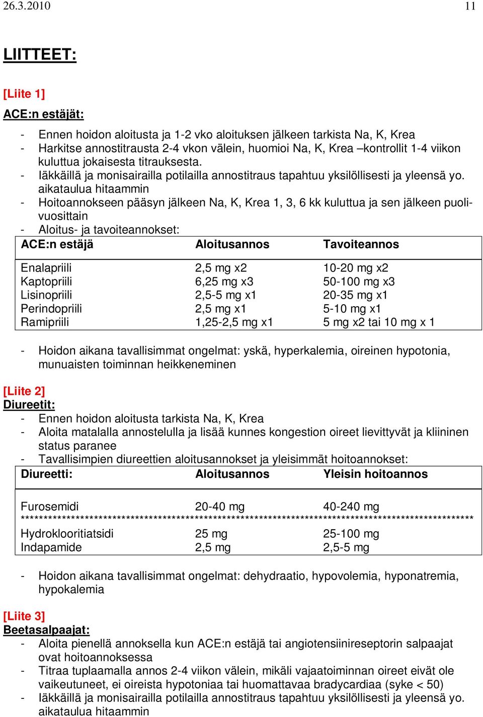 aikataulua hitaammin - Hoitoannokseen pääsyn jälkeen Na, K, Krea 1, 3, 6 kk kuluttua ja sen jälkeen puolivuosittain - Aloitus- ja tavoiteannokset: ACE:n estäjä Aloitusannos Tavoiteannos Enalapriili