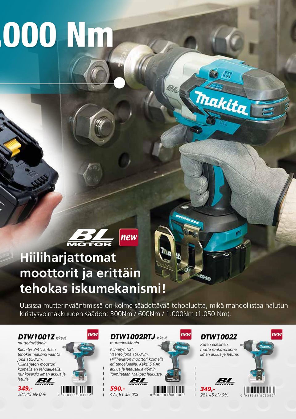 DTW1001Z Iskevä mutterinväännin Kiinnitys 3/4. Erittäin tehokas maksimi vääntö jopa 1050Nm. Hiiliharjaton moottori kolmella eri tehoalueella. Runkoversio ilman akkua ja laturia.