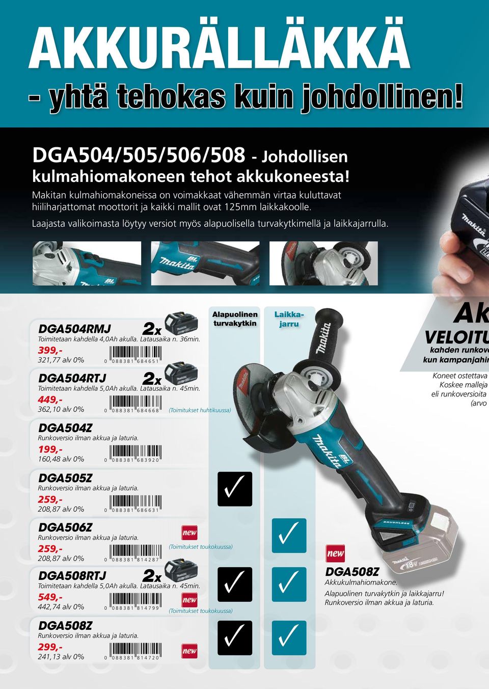 Laajasta valikoimasta löytyy versiot myös alapuolisella turvakytkimellä ja laikkajarrulla. DGA504RMJ 2x Toimitetaan kahdella 4,0Ah akulla. Latausaika n. 36min.