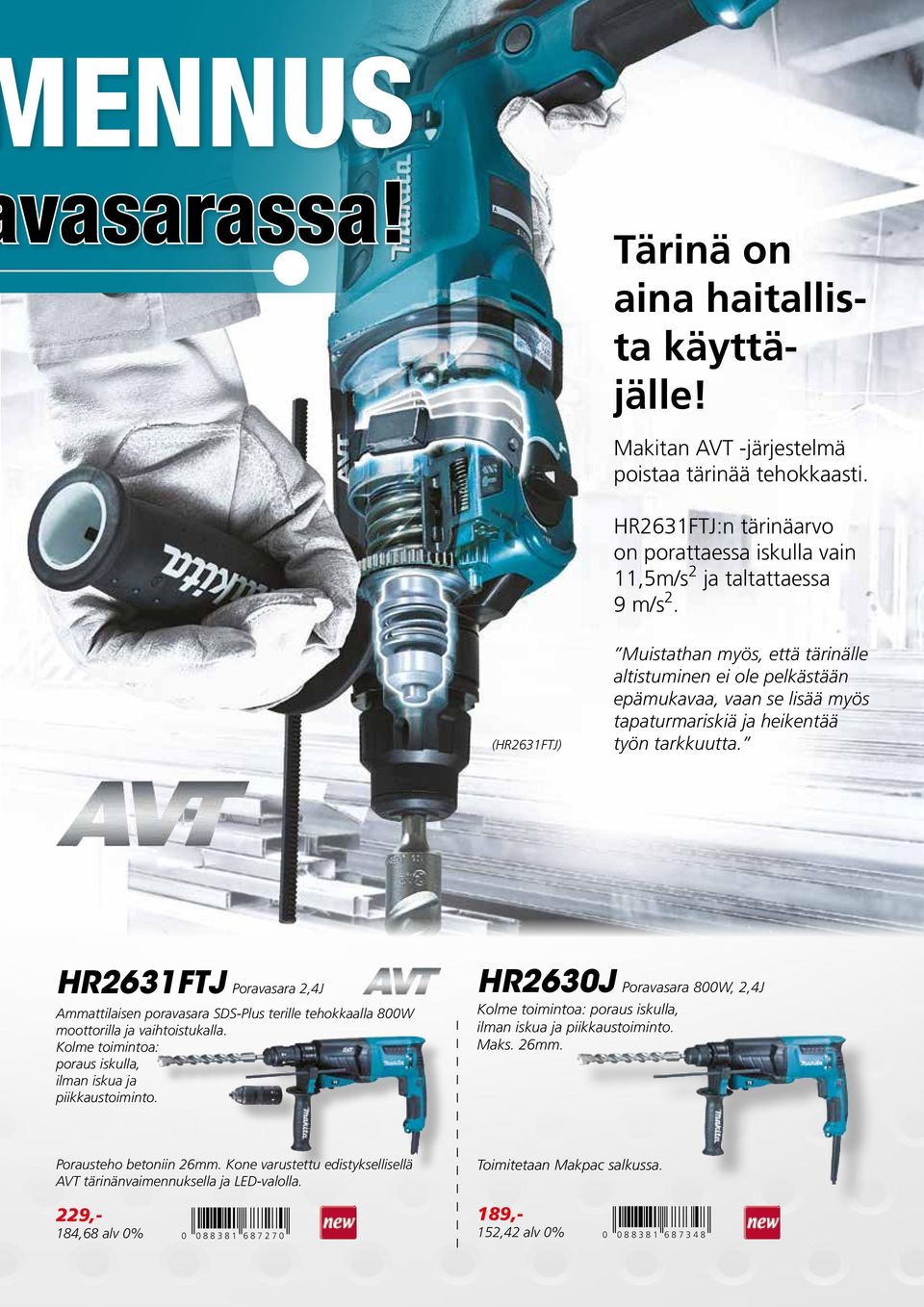 HR2631FTJ Poravasara 2,4J Ammattilaisen poravasara SDS-Plus terille tehokkaalla 800W moottorilla ja vaihtoistukalla. Kolme toimintoa: poraus iskulla, ilman iskua ja piikkaustoiminto.