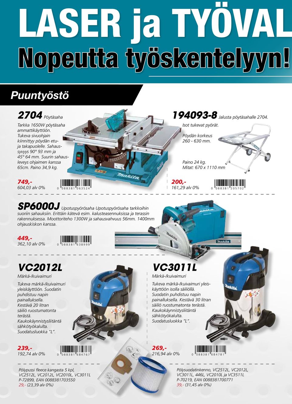 Mitat: 670 x 1110 mm 749,- 604,03 alv 0% 0 0 88381 063524 200,- 161,29 alv 0% 0 0 88381 205702 SP6000J Upotuspyörösaha Upotuspyörösaha tarkkoihin suoriin sahauksiin. Erittäin kätevä esim.