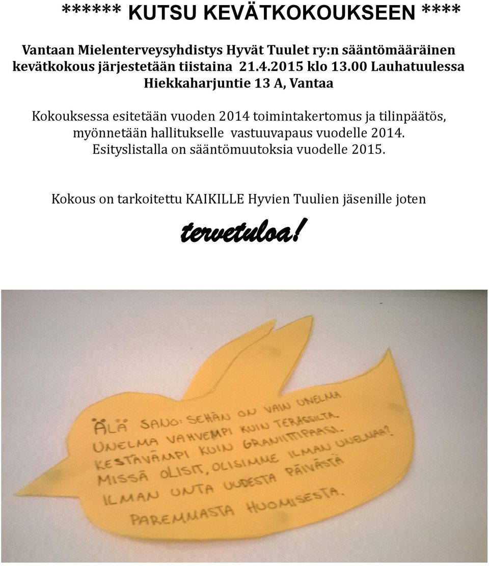 00 Lauhatuulessa Hiekkaharjuntie 13 A, Vantaa Kokouksessa esitetään vuoden 2014 toimintakertomus ja