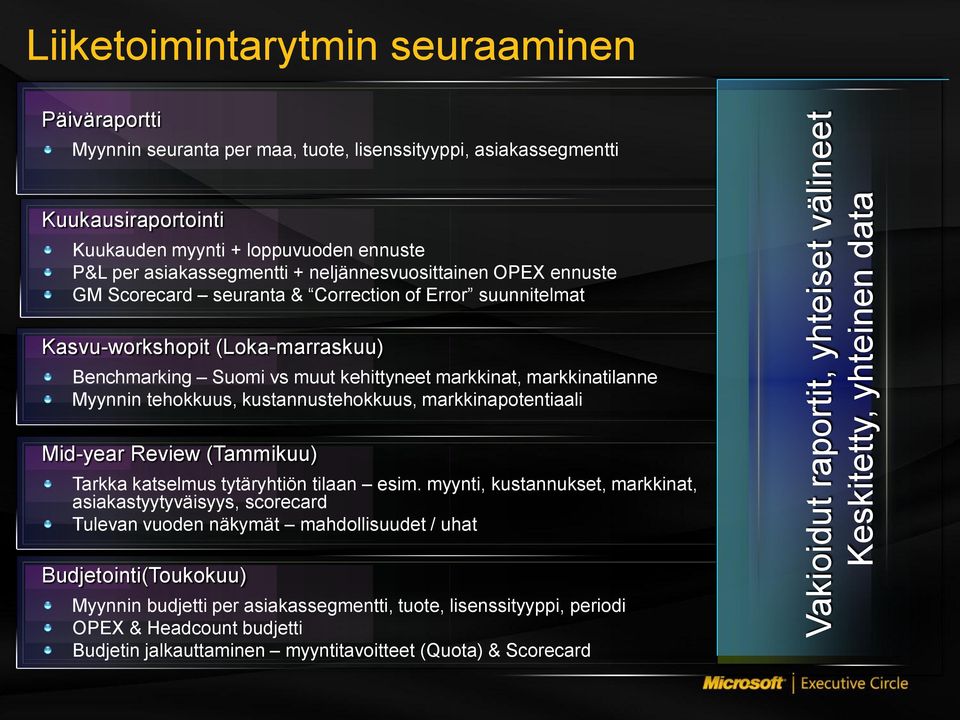 Benchmarking Suomi vs muut kehittyneet markkinat, markkinatilanne Myynnin tehokkuus, kustannustehokkuus, markkinapotentiaali Mid-year Review (Tammikuu) Tarkka katselmus tytäryhtiön tilaan esim.