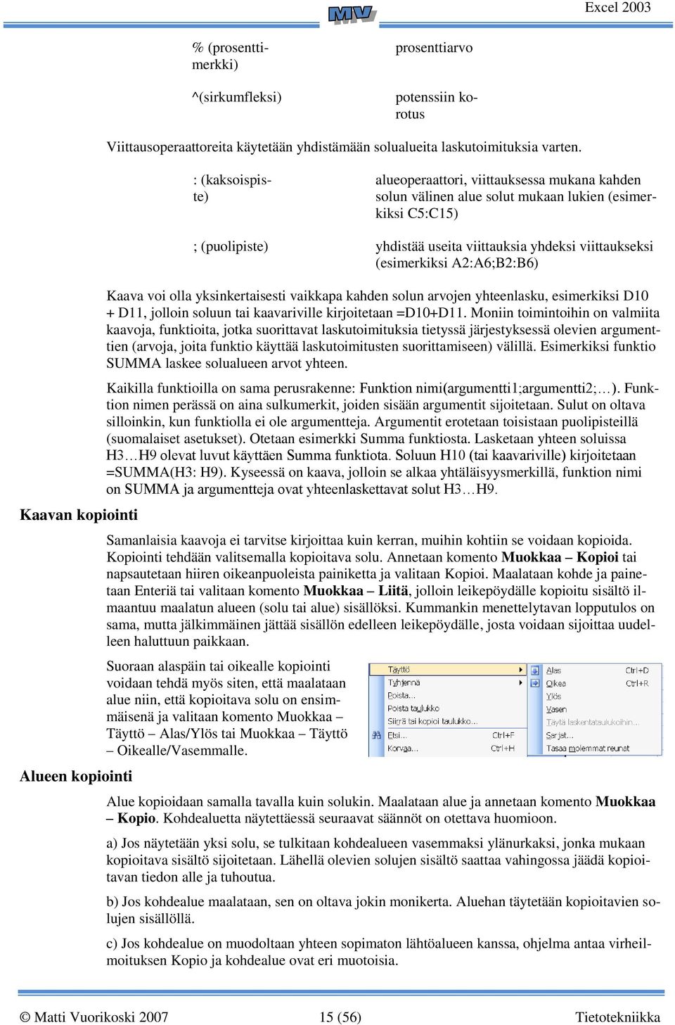 yhdeksi viittaukseksi (esimerkiksi A2:A6;B2:B6) Kaava voi olla yksinkertaisesti vaikkapa kahden solun arvojen yhteenlasku, esimerkiksi D10 + D11, jolloin soluun tai kaavariville kirjoitetaan =D10+D11.