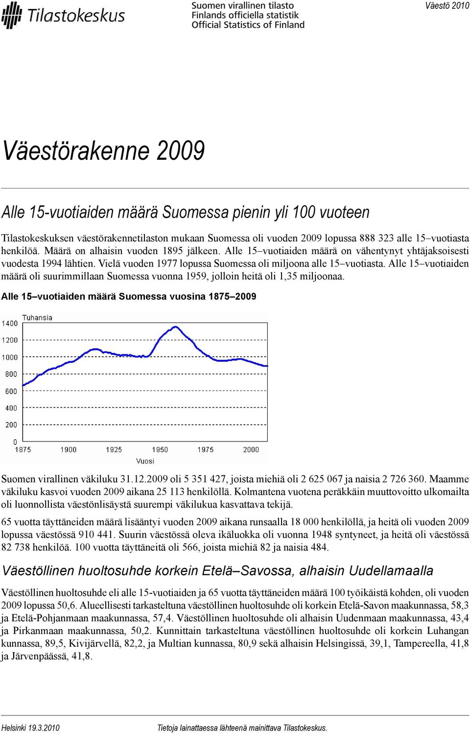 Alle 15 vuotiaiden määrä oli suurimmillaan Suomessa vuonna 1959, jolloin heitä oli 1,35 miljoonaa. Alle 15 vuotiaiden määrä Suomessa vuosina 1875 2009 Suomen virallinen väkiluku 31.12.