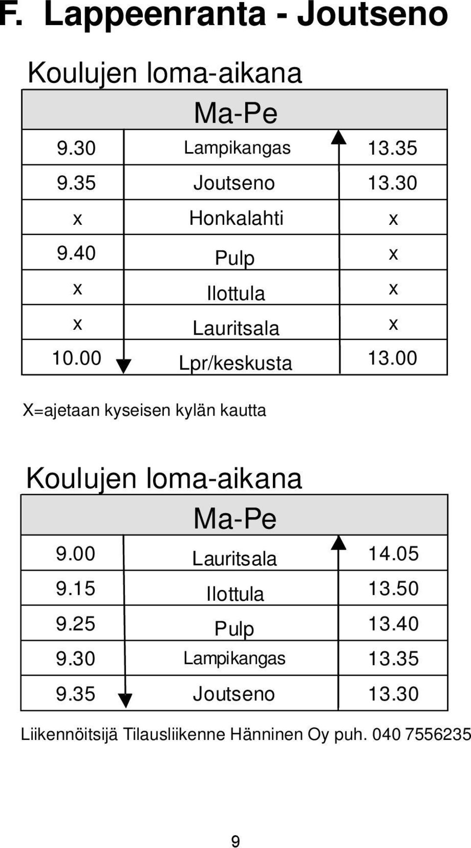 00 X=ajetaan kyseisen kylän kautta Koulujen loma-aikana Ma-Pe 9.00 Lauritsala 14.05 9.