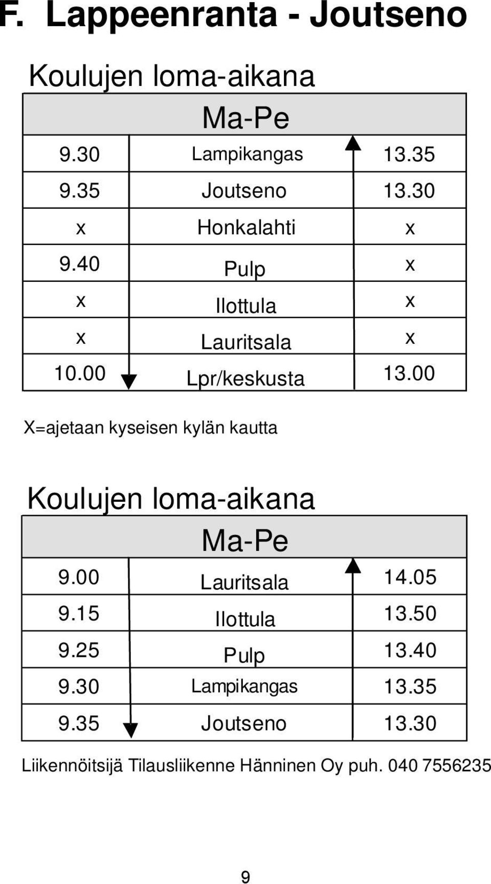 00 X=ajetaan kyseisen kylän kautta Koulujen loma-aikana Ma-Pe 9.00 Lauritsala 14.05 9.