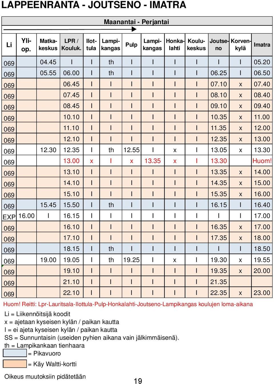 10 I I I I I I 10.35 x 11.00 069 11.10 I I I I I I 11.35 x 12.00 069 12.10 I I I I I I 12.35 x 13.00 069 12.30 12.35 I th 12.55 I x I 13.05 x 13.30 069 13.00 x I x 13.35 x I 13.30 Huom! 069 13.10 I I I I I I 13.