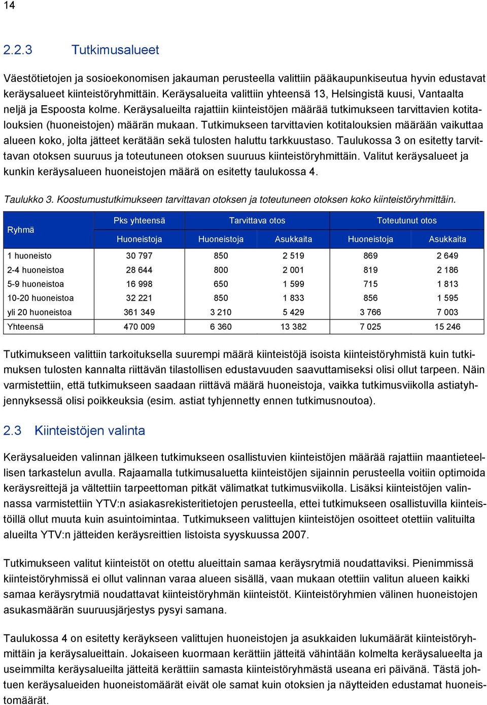 Keräysalueilta rajattiin kiinteistöjen määrää tutkimukseen tarvittavien kotitalouksien (huoneistojen) määrän mukaan.