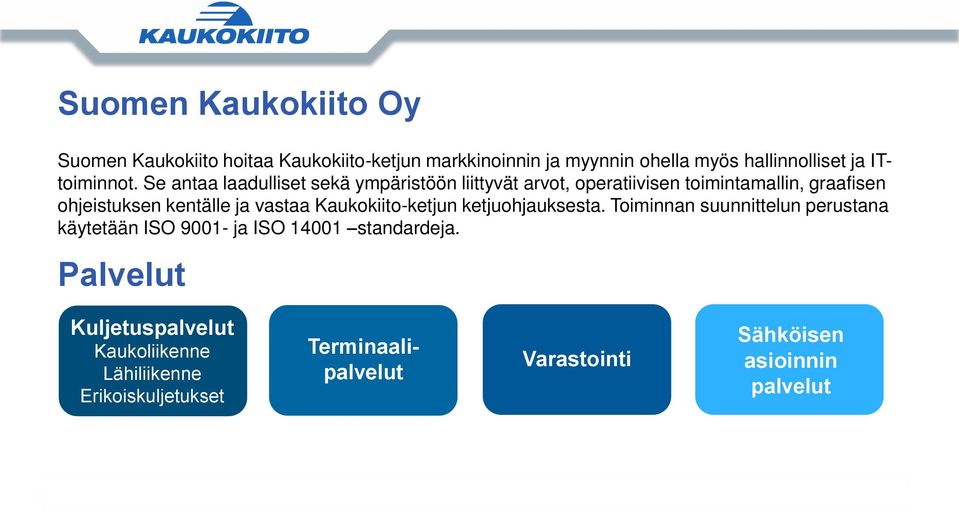 Kaukokiito-ketjun ketjuohjauksesta. Toiminnan suunnittelun perustana käytetään ISO 9001- ja ISO 14001 standardeja.