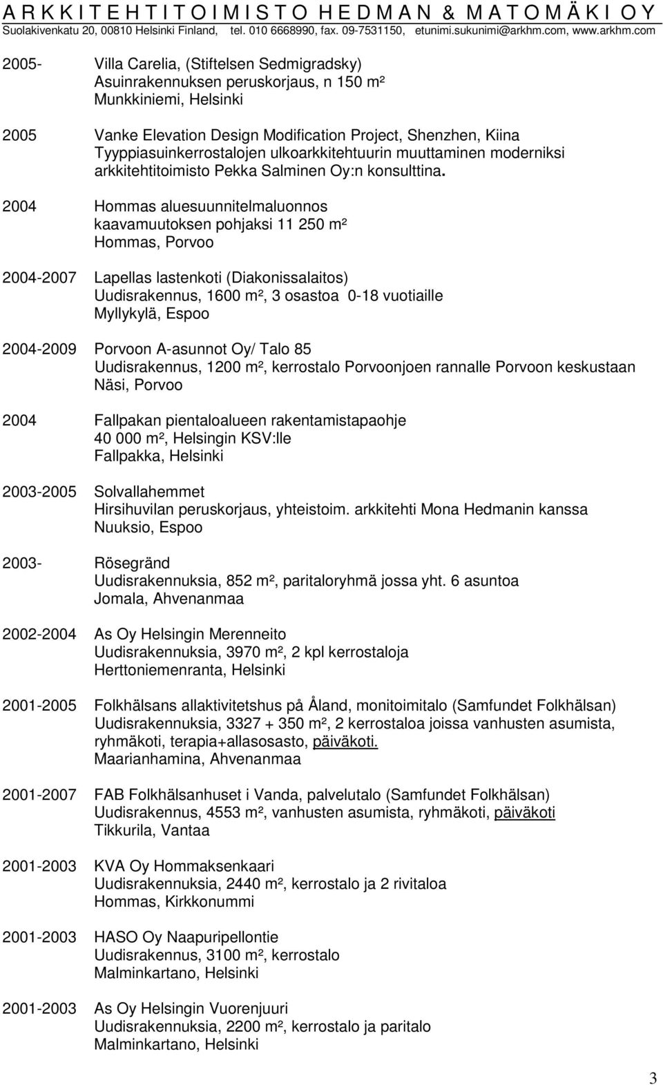 2004 Hommas aluesuunnitelmaluonnos kaavamuutoksen pohjaksi 11 250 m² Hommas, Porvoo 2004-2007 Lapellas lastenkoti (Diakonissalaitos) Uudisrakennus, 1600 m², 3 osastoa 0-18 vuotiaille Myllykylä, Espoo