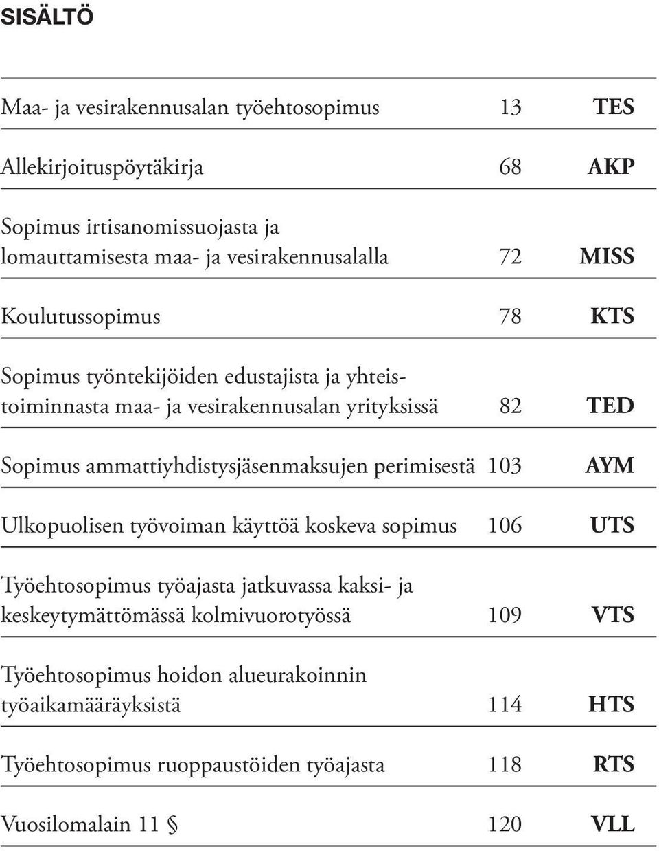 ammattiyhdistysjäsenmaksujen perimisestä 103 AYM Ulkopuolisen työvoiman käyttöä koskeva sopimus 106 UTS Työehtosopimus työajasta jatkuvassa kaksi- ja