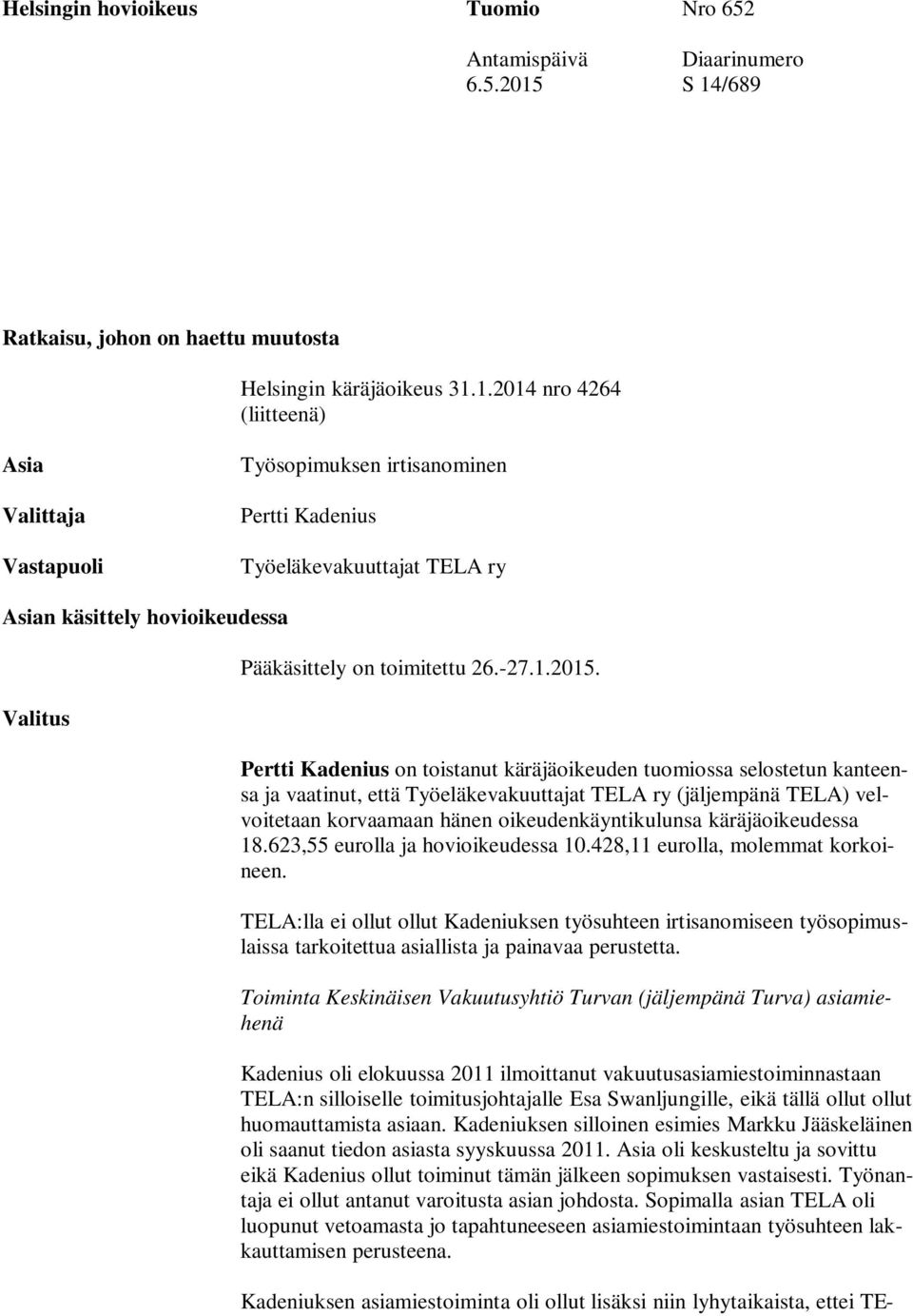 /689 Ratkaisu, johon on haettu muutosta Helsingin käräjäoikeus 31.